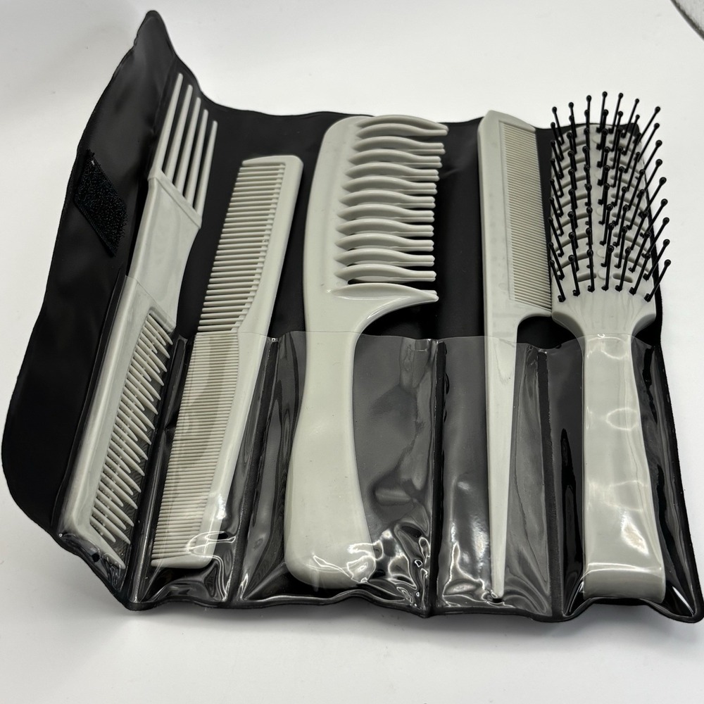 Vtg Burmax 6 pack Wide Tooth Combs Pick Large Hair Brush With Case